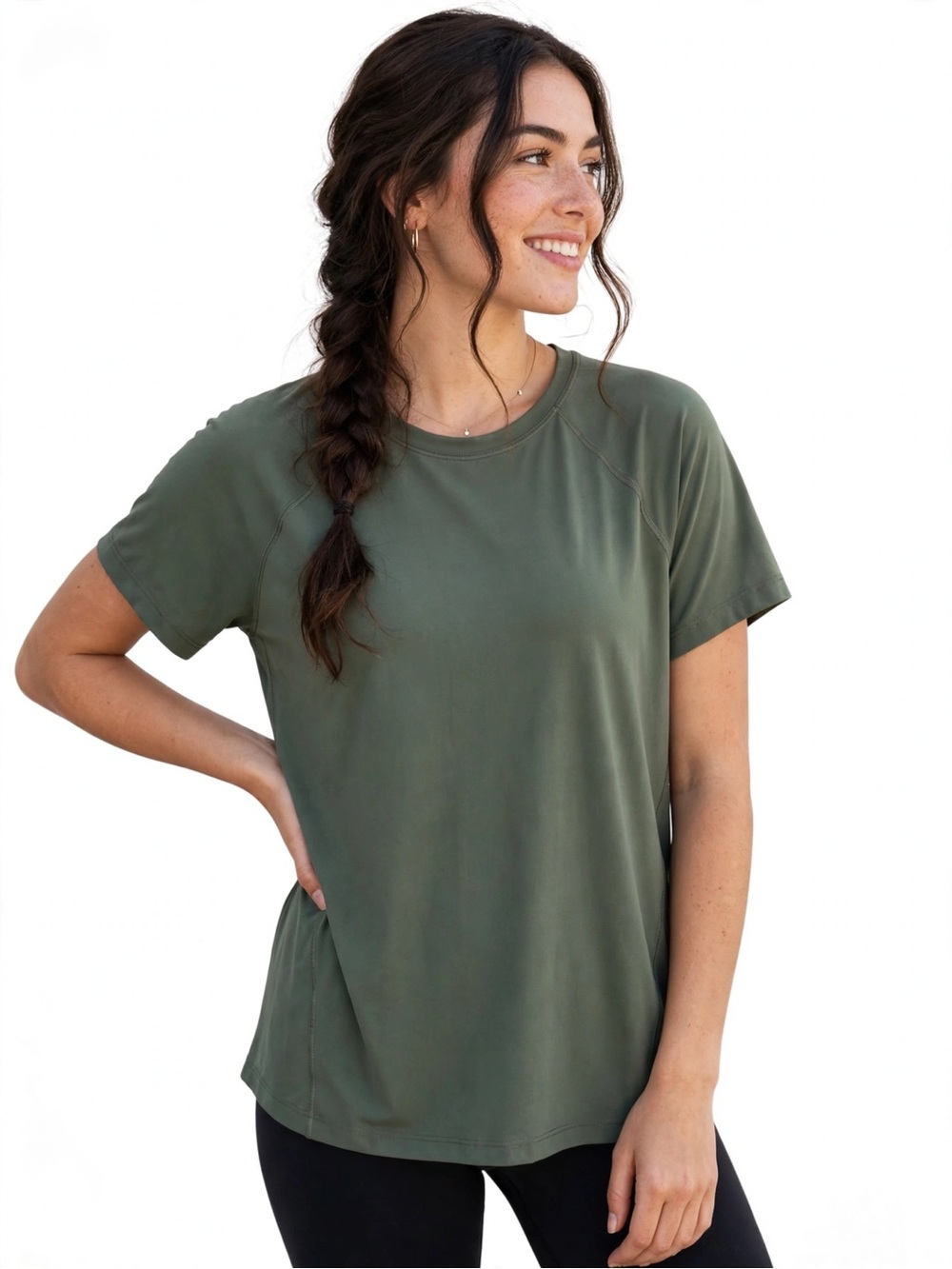 Athleta L Olive Green Performance Short Sleeve Athletic Workout Tee Lightweight